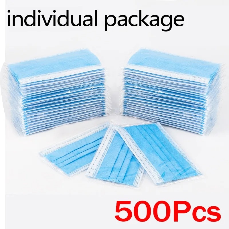 Disposable Mask Blue - หน้ากากอนามัยสำหรับผู้ใหญ่แบบใช้ครั้งเดียว บรรจุแยกชิ้น 50-500 ชิ้น พร้อมแผ่นกรองเมลต์โบลน ผ้าไม่ทอ