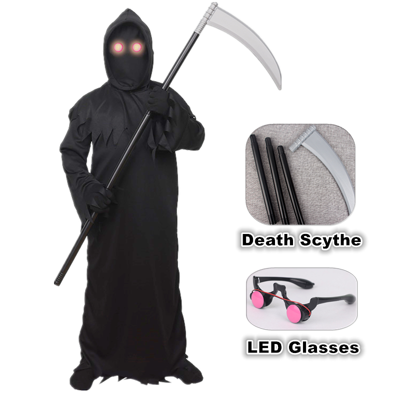 Black Face Mask Pack - ชุดคอสเพลย์ฮาโลวีน ยมทูตผีสิงสุดหลอน หมวกสีดำ เสื้อคลุมผีแปลกตา ตาแดงระยิบระยับ สำหรับงานปาร์ตี้